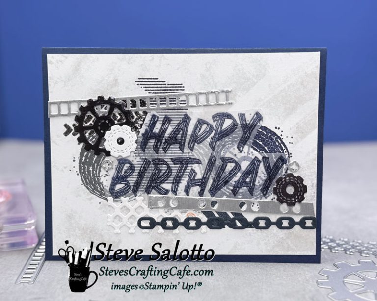 A card with a collage of images stamped on it including gears and textures and the sentiment "Happy Birthday."