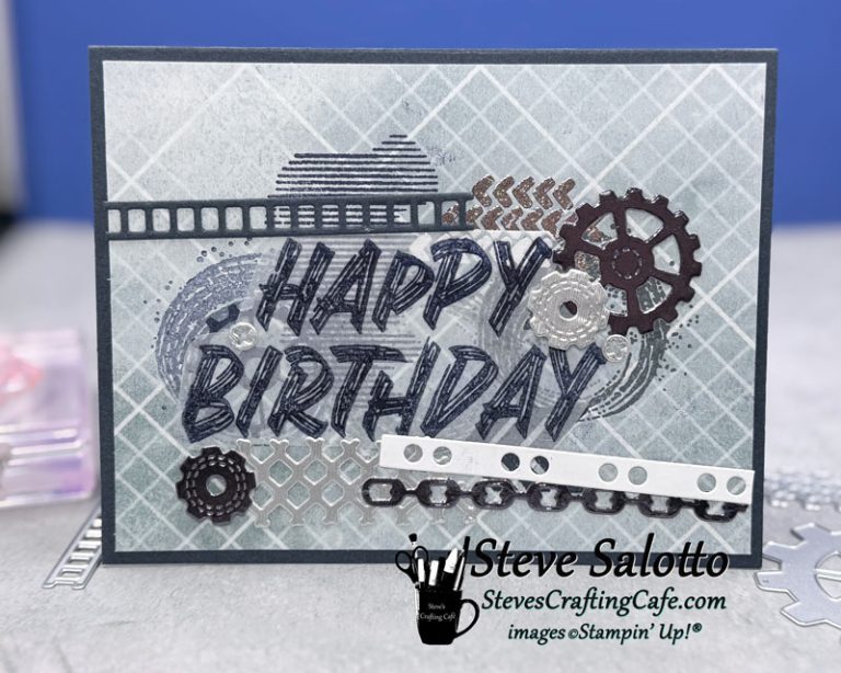 A card with a collage of images stamped on it including gears and textures and the sentiment "Happy Birthday."