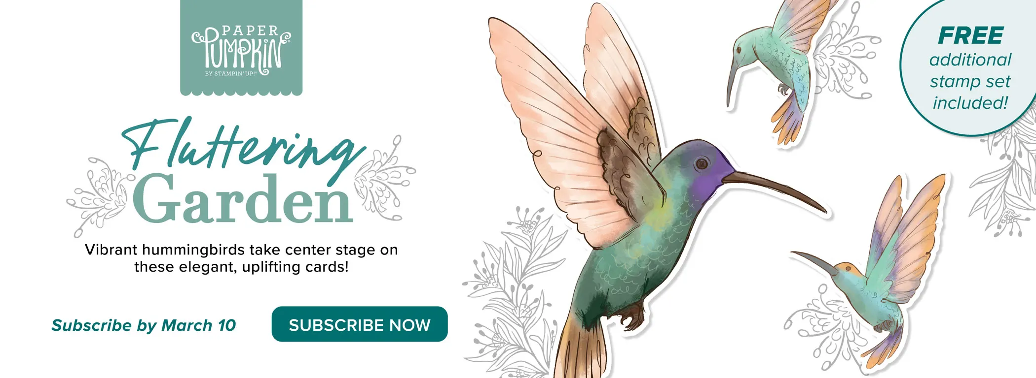 Hummingbird drawings flap their wings next to the text, "Fluttering Garden."
