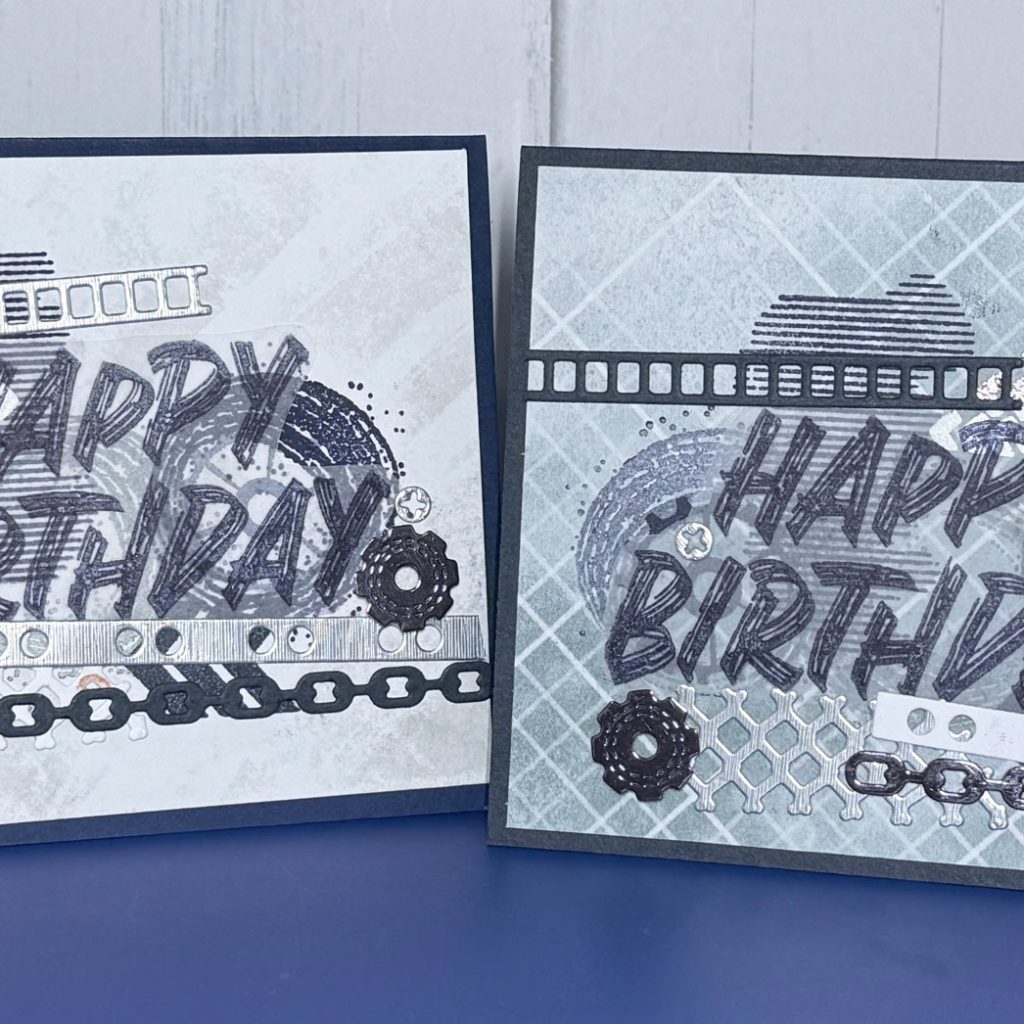Two cards with collages of images stamped on them including gears and textures and the sentiment "Happy Birthday."