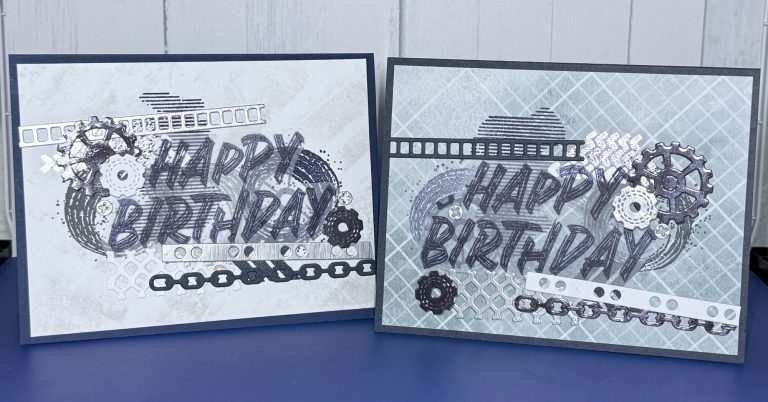 Two cards with collages of images stamped on them including gears and textures and the sentiment "Happy Birthday."