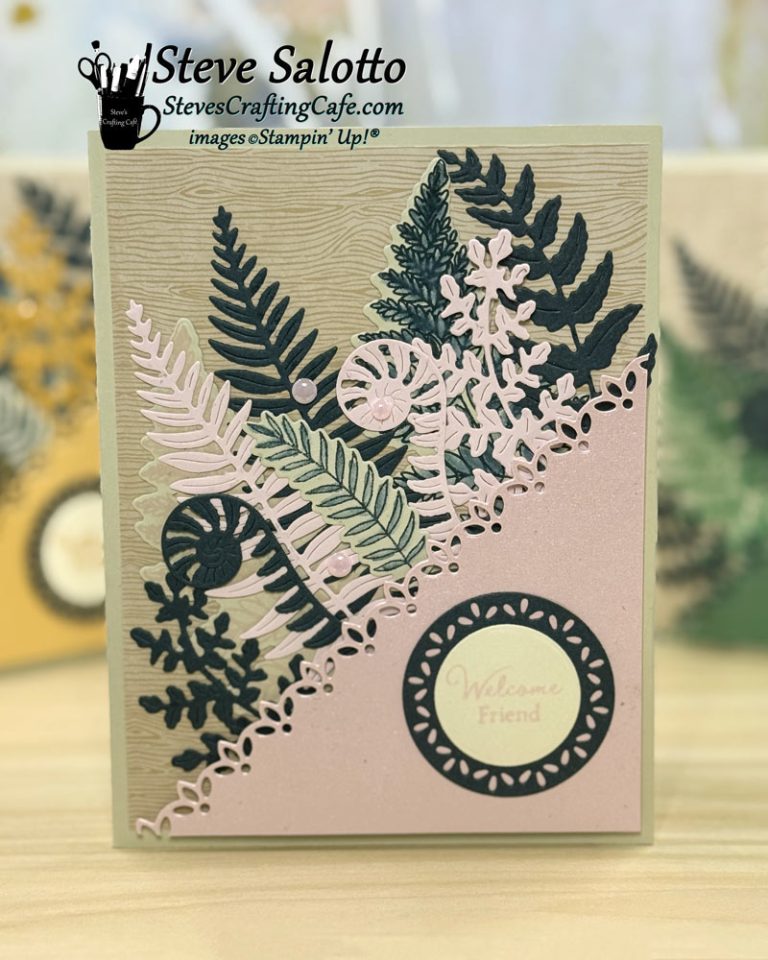 A greeting card with a collection of leaves in pink and green and the sentiment, "Welcome, friend."