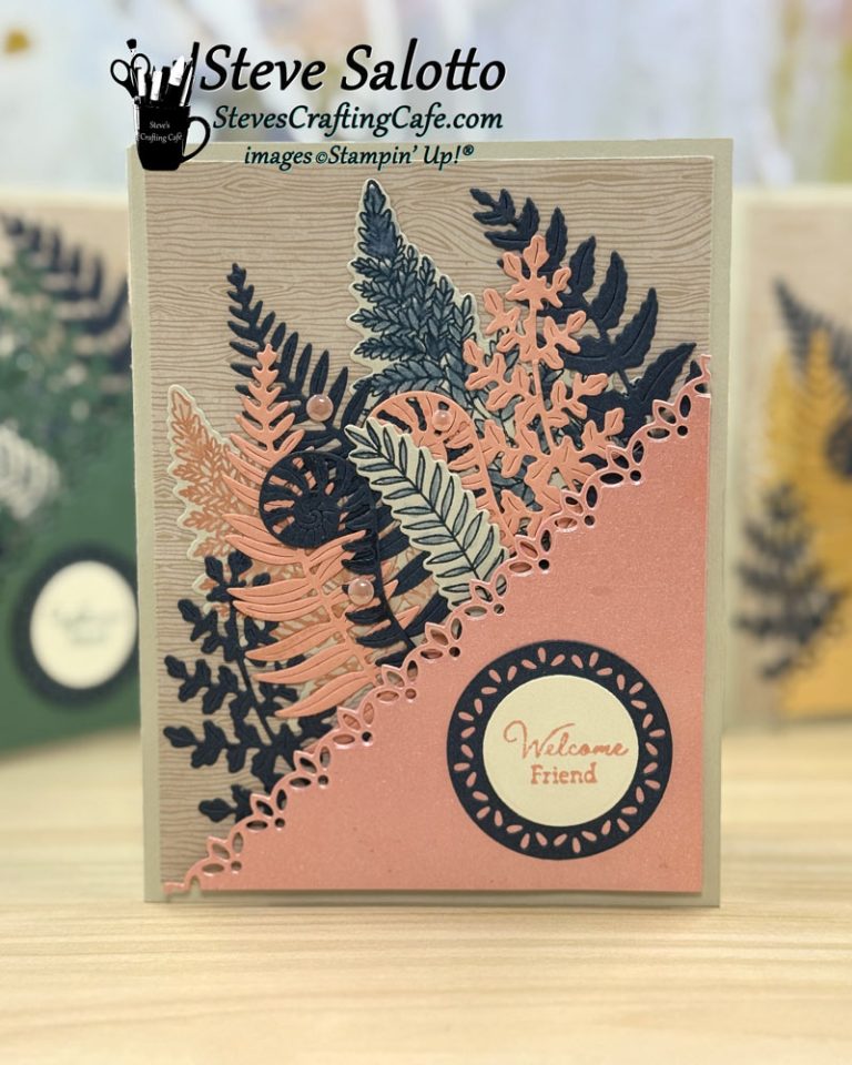 A greeting card with a collection of leaves in peach and green and the sentiment, "Welcome, friend."