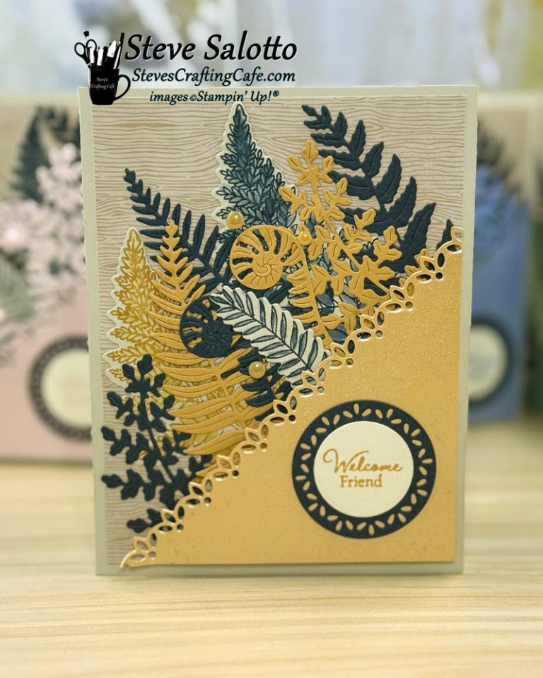A greeting card with a collection of leaves in gold tones and green and the sentiment, "Welcome, friend."