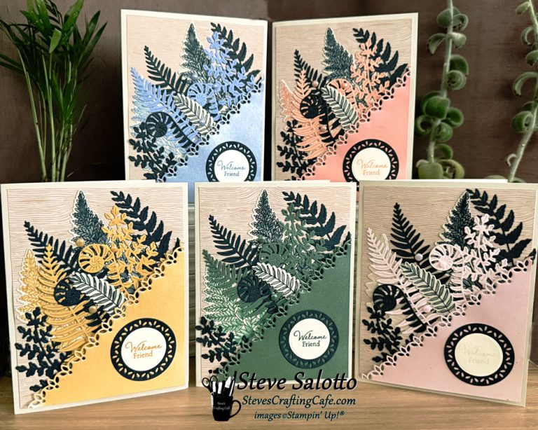 Five cards, in five different colors, all featuring an identical collection of leaves and the sentiment, "Welcome, friend."