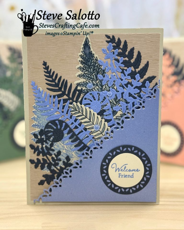 A greeting card with a collection of leaves in blue and green and the sentiment, "Welcome, friend."