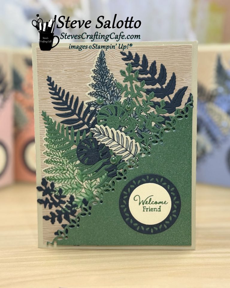 A greeting card with a collection of leaves in various shades of green and the sentiment, "Welcome, friend."