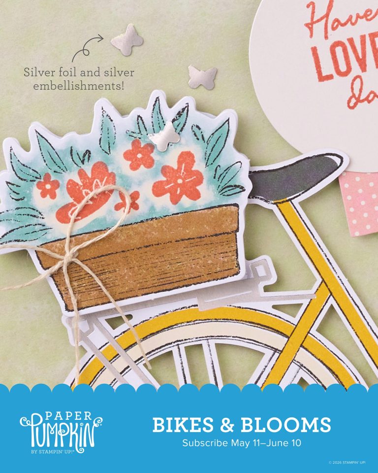 A baslet on a bicycle has flowers in it above the text "Paper Pumpkin by Stampin' Up! Bikes and Blooms."
