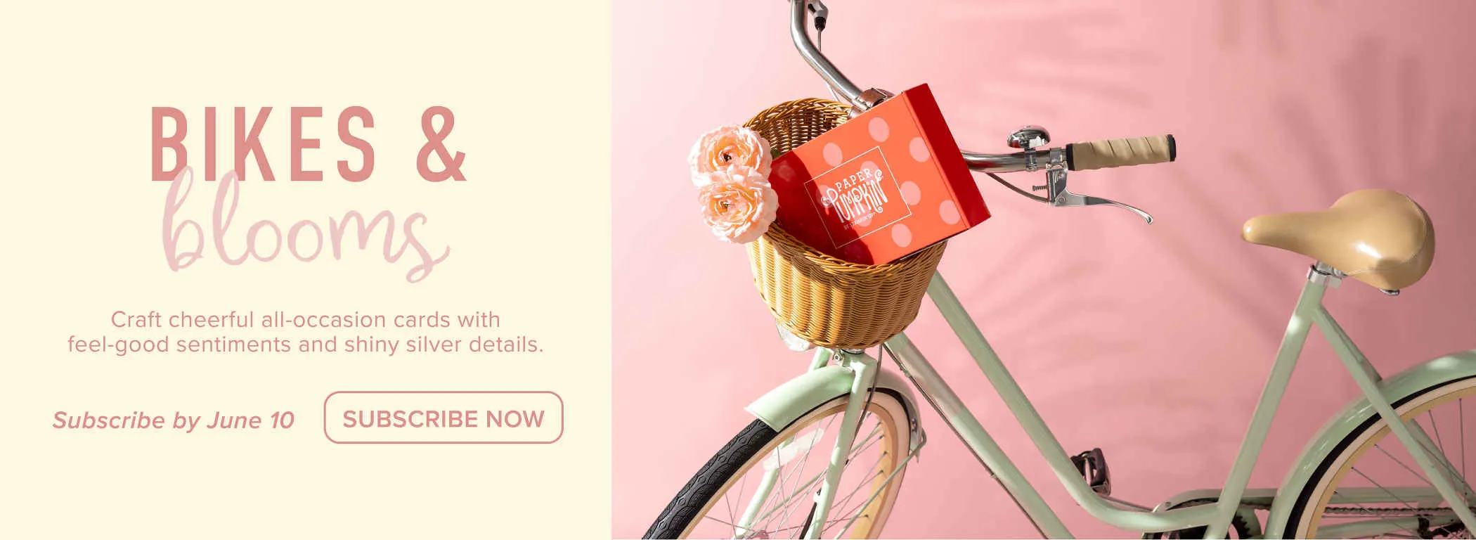 An orange kit box sits in the basket of an old fashioned bicyle, next to text that reads, "Bikes and Blooms. Craft cheeerful all-ocassion cards with feel-good sentiments and shiny silver details."