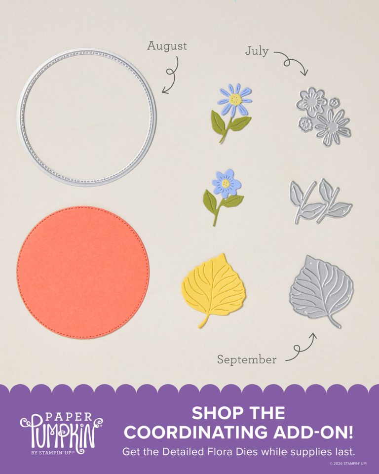 Steel dies in the shapes of a circle, flowers and leaves are positioned above text reading, "Shop the coordinating add-on"