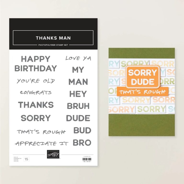A stamp set of words and sentiments such as "Happy Birthday," "Thanks," "Sorry," "Man", "Dude" and "Bruh" next to a card that says, "Sorry dude, that's rough."