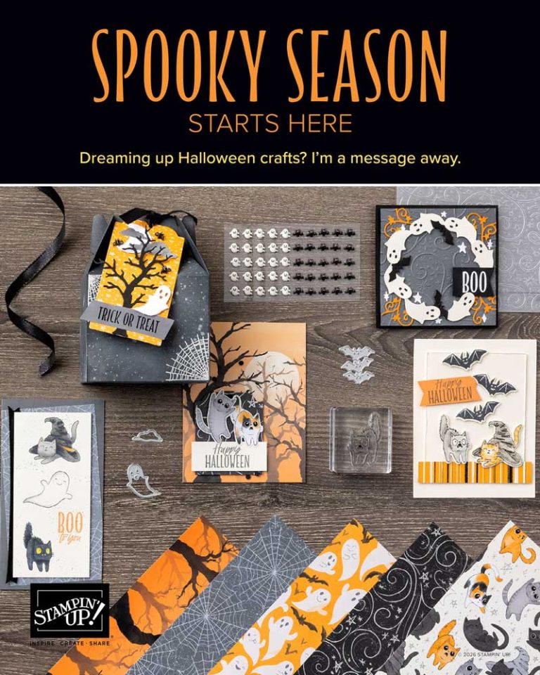 Text reads "Spooky Season Starts Here" above various crafts supplies for card making such as paper, stamps, and ribbon.