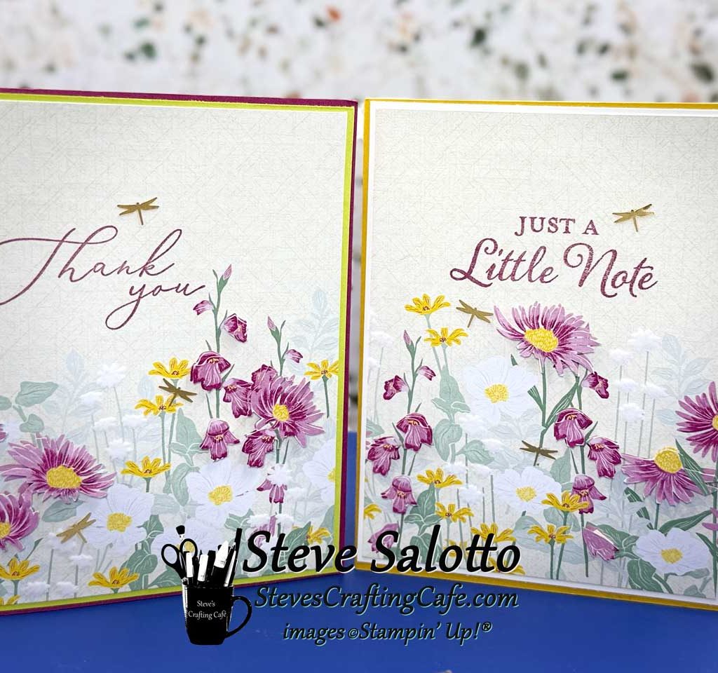 Two greeting cards with purple, white, and yellow flowers and sentiments saying, "Thank you" and "Just a little note"