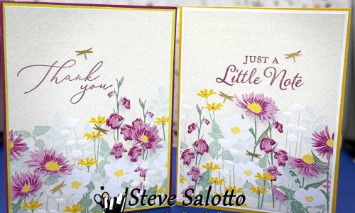 Two greeting cards with purple, white, and yellow flowers and sentiments saying, "Thank you" and "Just a little note"