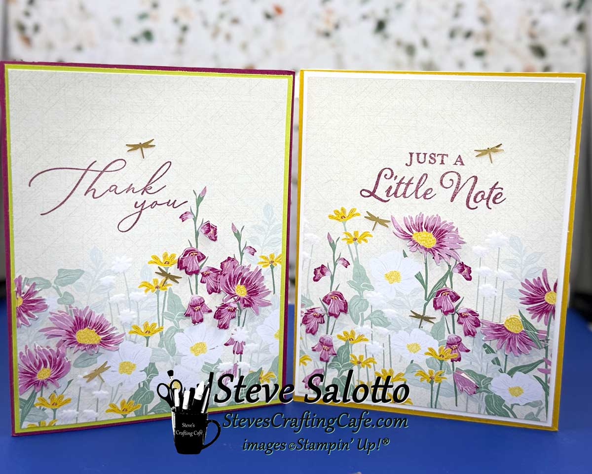Two greeting cards with purple, white, and yellow flowers and sentiments saying, "Thank you" and "Just a little note"