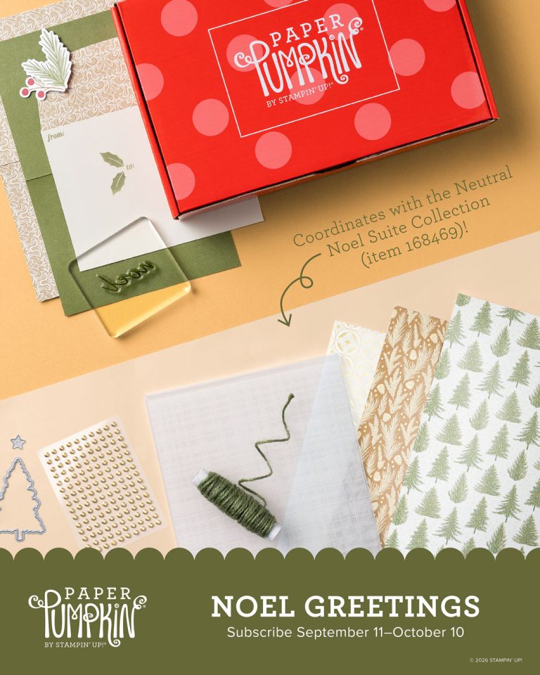 A box with card making supplies sits above text that reads, " Noel Greetings. Celebrate the season with elegant Christmas cards showcasing intricate layers and gold foil accents.