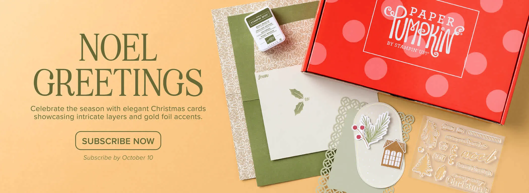 A box with card making supplies sits next to text that reads, " Noel Greetings. Celebrate the season with elegant Christmas cards showcasing intricate layers and gold foil accents.