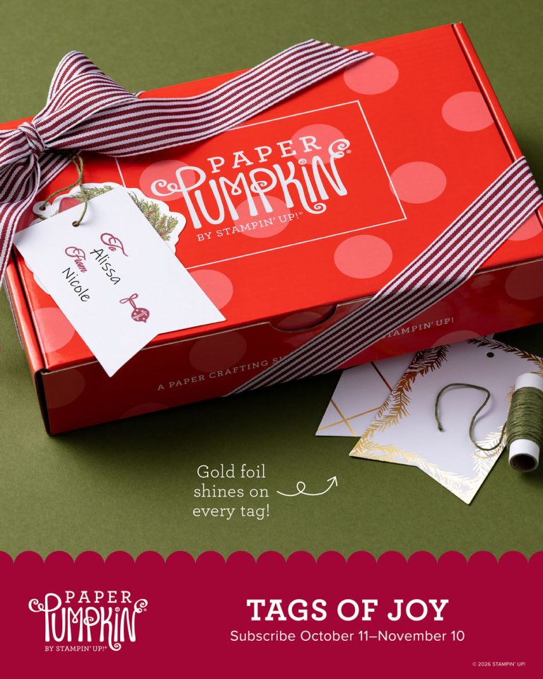 A box with a ribbon around it and the words Paper Pumpkin on it sits above text reading, "Tags of Joy."