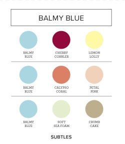 COLOR COACH CHART 2025-2027-Balmy Blue Color combination suggestions for the color Balmy Blue, showing it paired with other colors.