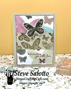 Greeting card with butterfly silhouettes and the sentiment "Surrounding you with love."