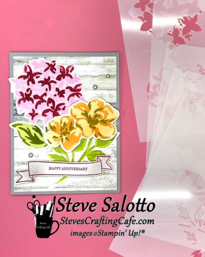 A Happy Anniversary card and the Thankful Garden decorative masks used to create it.